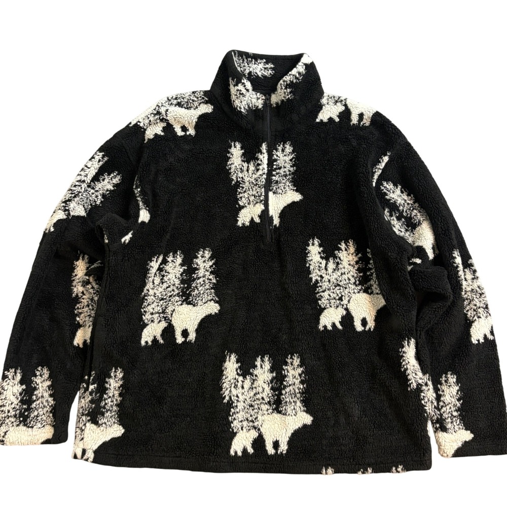 VTG Black Ice Mens Polar Bear Pine Tree Fleece Quarter Zip Pullover Large AOP